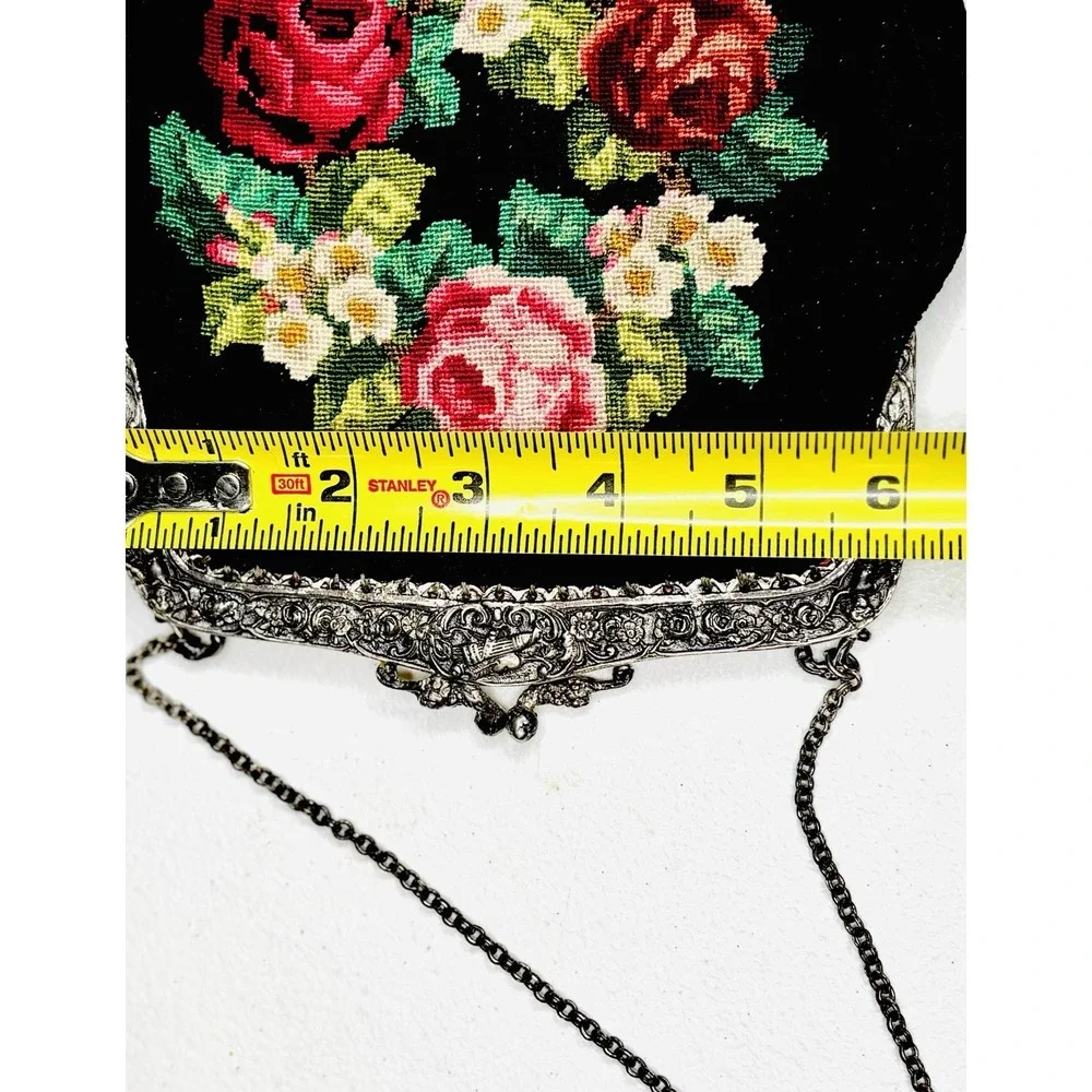 1920s Needlepoint Purse Floral Rose Silver Repousse Frame Micro Petit Point